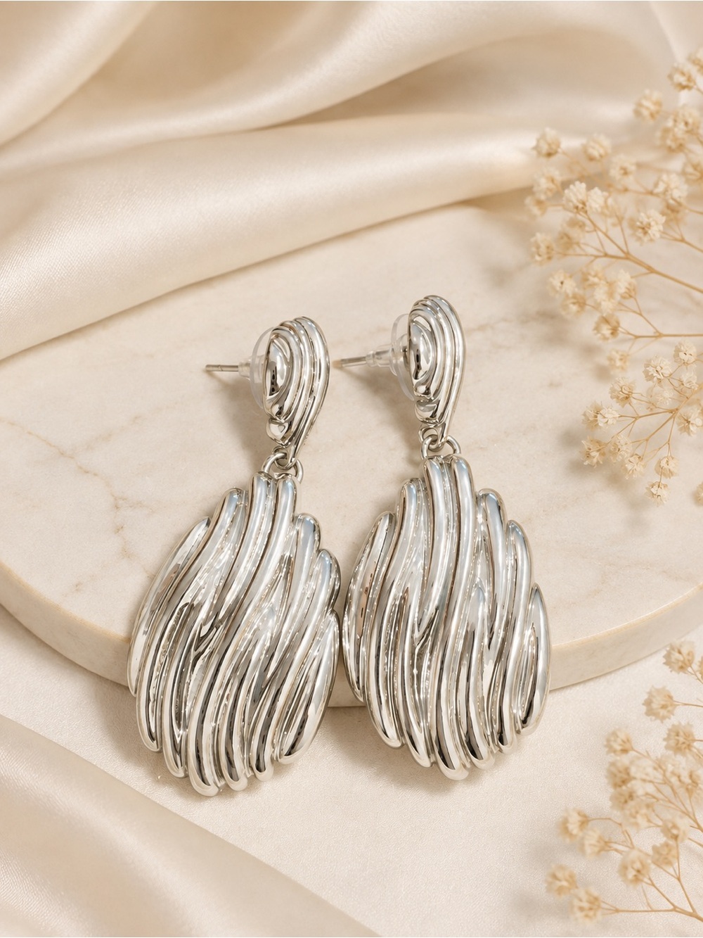 Silver Tone Textured Statement Drop Earrings - Picture 3 of 4